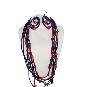 vintage 80s multi strand wood Beaded Necklace Earring Set teal magenta purple